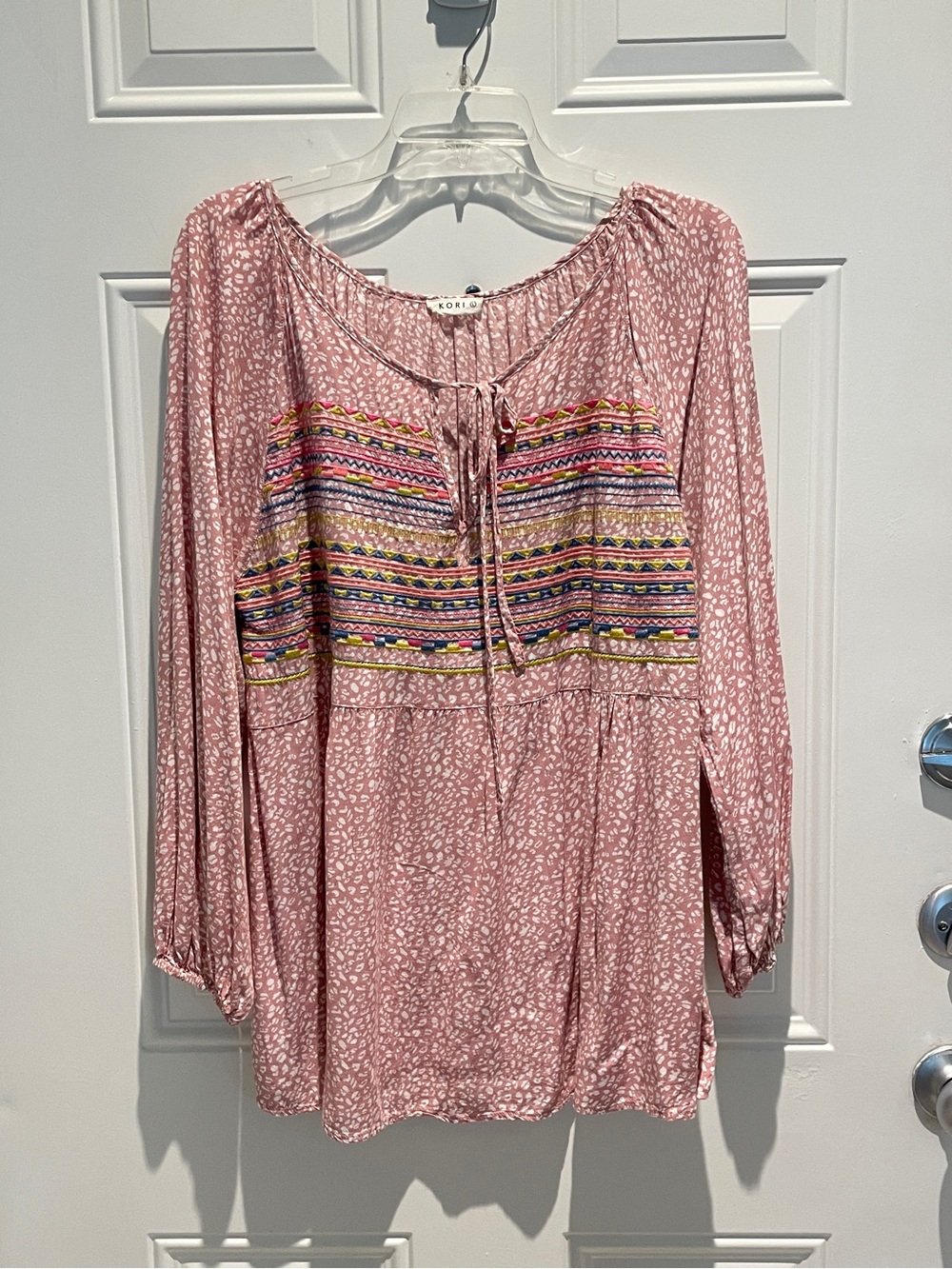 Kori Pink White Leopard Print Embroidered Western Peasant Flowy Top Size Large